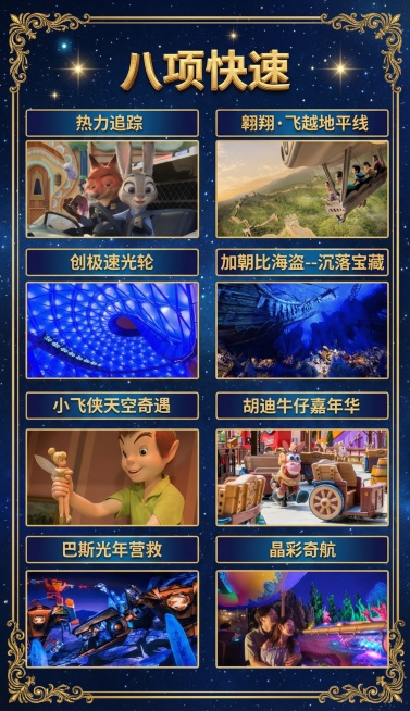 整体调性：复古华丽风 + 科幻探险质感
视觉元素：欧式复古金色花纹边框、深蓝色渐变星空背景、星光点缀、沉浸式项目场景图
排版特点：分栏式布局、精致奢华的宣传物料质感，融合宫廷装饰与奇幻主题氛围
字体颜预览效果
