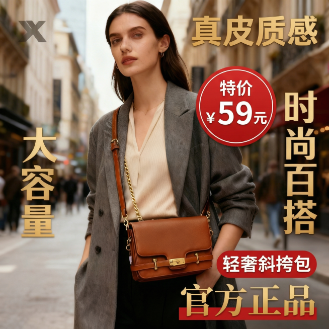 参考主流淘宝直通车车主图优化排版：添加醒目的价格标签图形，标注“特价59元”，调整所有卖点文字的排版，让布局整齐美观，突出包包卖点和价格吸引顾客，保留原包和模特内容，整体风格协调大气预览效果