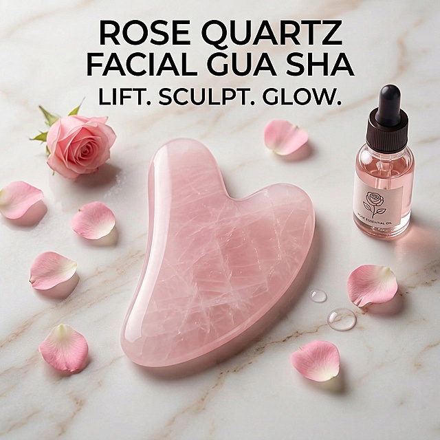 Independent product display image of this pink heart-shaped rose quartz facial gua sha board. Text "ROSE QUARTZ FACIAL GUA SHA" "LIFT. SCULPT. GLOW." at the top, all text is English. The product is placed on a light marble with rose petals and rose essential oil bottle as decoration. 1:1 square ratio, 2K resolution, commercial cross-border e-commerce main image style, highlight the product texture. Keep product shape and pink color unchanged. Do not combine multiple images into one.