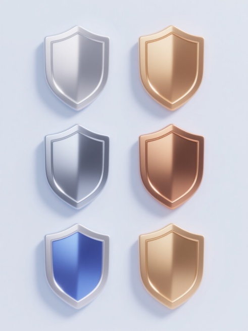 3D立体图标风格，一系列6个不同配色、不同样式、不同材质的「护盾」造型规整排布，每个护盾保留基础盾牌轮廓，整体造型简约现代，采用光滑的金属质感与高反光表面处理，搭配明亮的纯色背景，无任何文字、logo、水印及多余装饰元素，光影效果突出立体感与材质对比，保持统一的设计语言与视觉和谐。预览效果