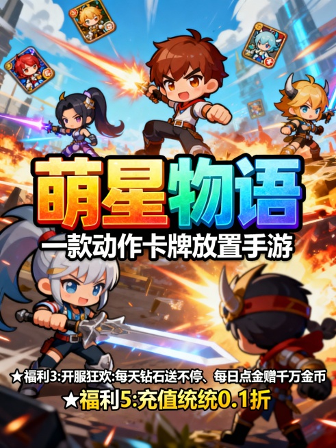 将以下文字生成角色扮演类（RPG）或卡牌养成手游风格的 3张宣传图“ 萌星物语 ”为主标题颜色醒目“热门放置魔幻手游”“0.1折送1000”“一款动作卡牌放置手游”为副标题 副标题分别出现在每张图片上预览效果