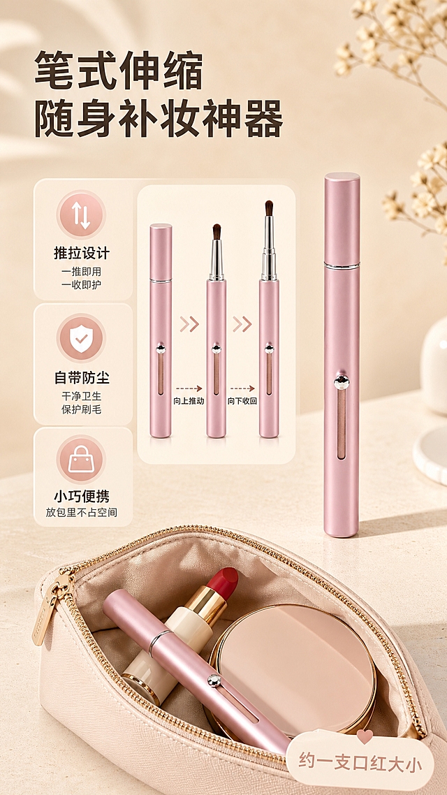 [商品] 使用【图9】淡粉色款双头伸缩唇刷（闭合状态）；保留金属笔杆、推钮、笔式外形、淡粉色磨砂质感、防尘盖，不改变结构比例和颜色。
[画面] 页面目标：突出伸缩设计与便携随身补妆。竖版9:16构图，右侧为闭合状态的唇刷直立放置，像一支精致小笔，左侧展示推钮推拉的伸缩过程示意（箭头+伸缩动态）；下方场景化展示：打开的化妆包内，唇刷和口红、粉饼放在一起，体现小巧便携。背景为暖米色高级质感台面。
[视觉] 套系策略：风格=高级美妆商业摄影，温柔精致ins风；标题字=现代无衬线粗体（圆润优雅）；正文字=简洁无衬线体；主色=淡粉+暖米杏；背景延展=暖米杏/奶茶色渐变、细腻肌理墙面、同色系深浅层次；强调色=玫瑰金，仅用于小面积图标、引线、标签；标题色=深棕灰；正文色=中暖灰；组件=圆角浅底信息卡、细线引线、圆形icon；光影=左前侧暖柔光，柔和阴影，通透质感。
[文字] 顶部主标题"笔式伸缩 随身补妆神器"，左侧3个卖点：「推拉设计」一推即用 一收即护、「自带防尘」干净卫生 保护刷毛、「小巧便携」放包里不占空间。底部场景旁标注"约一支口红大小"。
[规格] 图片比例9:16竖版，4K，避免变形、错字、文字过小、冷蓝背景、颜色改变、结构失真、绝对化用语。