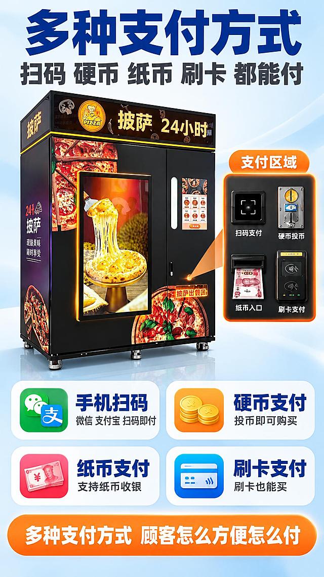 电商详情页，9:16竖版，超高清商业设计质感，全中文，无任何英文（机器自带品牌标识除外）。
[背景] 浅白到浅蓝渐变背景，不得为黑色或深色背景。
[标题] 上方超大号深蓝色粗体主标题“多种支付方式”，下方副标题深灰色大号字“扫码 硬币 纸币 刷卡 都能付”。
[主体] 中部展示全自动披萨售货机整机（黑色立柜式机身，顶部横排品牌招牌，正面左侧广告显示屏，中部触摸点餐屏，右侧玻璃门，下部出餐口与支付区），机器旁突出展示支付区域；结构与参考图完全一致，完整不裁切。
[下方四个支付方式卡片] 2列2行排列，每个白色圆角卡片内有彩色圆角图标+深蓝色粗体大号中文标题+一句中文说明：
1.图标扫码：“手机扫码”，“微信 支付宝 扫码即付”；
2.图标硬币：“硬币支付”，“投币即可购买”；
3.图标纸币：“纸币支付”，“支持纸币收银”；
4.图标卡片：“刷卡支付”，“刷卡也能买”。
[底部横幅] 橙色圆角横条，白色粗体大字“多种支付方式 顾客怎么方便怎么付”。
[配色] 主色亮白与浅蓝；辅色浅蓝、橙色强调、深蓝色文字。
[画质] 商业设计质感，图标统一精致，文字超清晰无乱码、大字醒目。
[负向提示词] 乱码，错字，英文，英文字母，黑色背景，深色背景，暗色调，机器变形，机器裁切，模糊，水印，电商平台Logo。