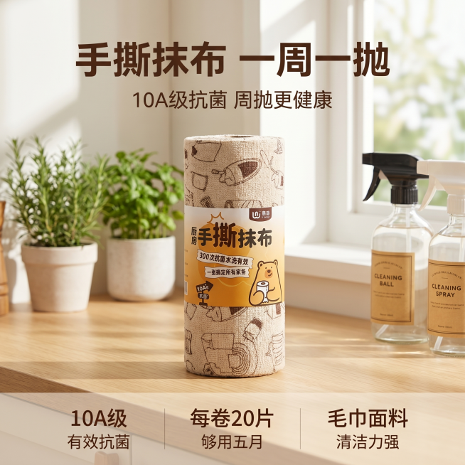 [主图-1] 手撕抹布周抛产品首图，家居治愈风。
[氛围风格] 温馨治愈原木风厨房场景，干净整洁有生活气息
[画质] 商业摄影质感、光线柔和通透、产品清晰真实、画面干净高级
[元素] 手撕抹布产品居中预览效果