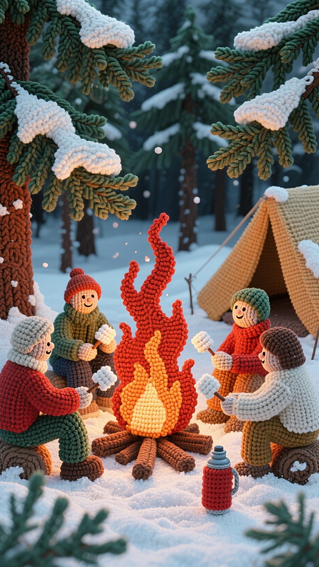 雪松林间燃起篝火，火焰映红周围积雪，露营者围坐烤棉花糖，身旁放着帐篷与暖水瓶。松枝覆雪，夜空缀着疏星，火星随晚风轻飘，橙红 + 墨绿配色，热闹又治愈的户外暖冬露营。