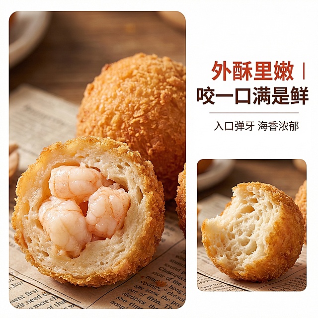 珍享海虾爆蛋细节特写主图，美食治愈风，微距柔光。微距特写海虾爆蛋表面酥脆肌理，以及切开后内里虾肉颗粒的饱满状态，旁边搭配一颗刚咬过的爆蛋，呈现松软气孔纹理。画面右侧悬浮卖点“外酥里嫩 | 咬一口满是鲜”粗体暖红色字，下方小字“入口弹牙 海香浓郁”深棕色细体字，文字放置在右侧留白处。