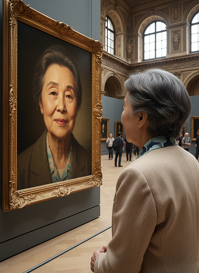 油画风肖像，古典金框映衬优雅气质，欧洲宫廷艺术氛围浓厚，人物凝视镜像自我，文艺感与时光静谧交织。