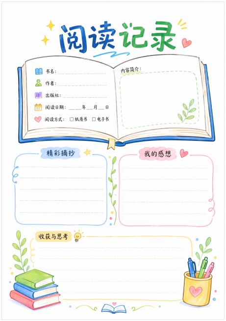 白底手绘马克笔风格，书本打开元素装饰，主标题“阅读记录”，版式精美，预留读书笔记填写区域，清晰干净，整体清爽活泼，符合A4尺寸，四边留安全边距预览效果