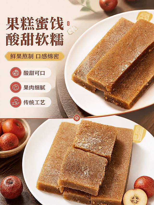 [商品] 使用【图4】【图5】果糕/山楂糕特写；保留果糕的棕褐色、方形/长条形形状、表面糖霜颗粒质感、切面纹理，不修改产品外观、不重绘产品、不调色。
[画面] 目标：果糕类质地特写，展示口感与原料质感。构图：上下分版，上方长条果糕占上半部分，下方方块果糕占下半部分，中间文字区穿插，背景为白色瓷盘+深木桌延伸，加入原料元素点缀，突出软糯酸甜口感。
[视觉] 套系策略：风格=唐风国潮+实拍产品结合的电商详情页；标题字=商用免费书法宋体加粗国潮宋体；正文字=商用免费思源黑体；主色=明黄+朱红；背景延展=暖米白渐变+浅棕木桌纹理；强调色=朱红色，仅用于小面积图标、引线和标签；标题色=深棕红；正文色=深棕；组件=圆角米白底信息卡、朱红细线引线；光影=侧前暖柔光，突出果糕表面颗粒质感。
[文字] 左上主标题"果糕蜜饯 酸甜软糯"，副标题"鲜果熬制 口感绵密"，配"酸甜可口/果肉细腻/传统工艺三个卖点，文字全部横向排版。
[规格] 图片比例3:4竖版，4K，负向：避免产品变形、颜色改变、质地失真、极限词、医疗功效宣传、竖排文字、斜排文字、蚂蚁字、冷蓝背景、水印、二维码。