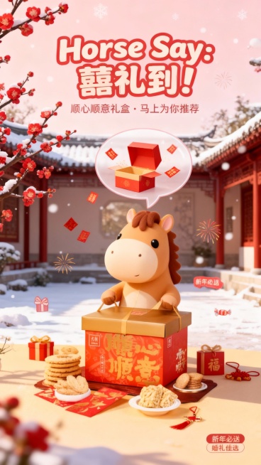 画面描述：
圆润可爱的小马冒出对话气泡，气泡内展示礼盒开启、喜字飘飞的动态。礼盒周围环绕简洁的礼物、糖果、烟花等小元素。背景为中国传统庭院，盛开的红梅花和轻盈的雪花，地面有细微投影。  
文字排版：预览效果