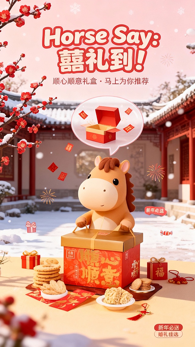 画面描述：
圆润可爱的小马冒出对话气泡，气泡内展示礼盒开启、喜字飘飞的动态。礼盒周围环绕简洁的礼物、糖果、烟花等小元素。背景为中国传统庭院，盛开的红梅花和轻盈的雪花，地面有细微投影。  
文字排版：  
标题使用活泼圆体 “Horse Say：囍礼到！”，下方副标题“顺心顺意礼盒 · 马上为你推荐”。画面角落点缀标签：“新年必送”、“婚礼佳选”。  
色调： 暖红、浅粉、亮黄，明亮亲和。