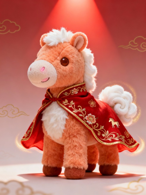 低角度仰视构图，原创毛绒小马，通体为淡橘色毛绒，毛发厚实蓬松，带有自然的绒感肌理，胸口和尾巴尖是白色绒毛，尾巴蓬松卷曲如云朵。小马造型呆萌温顺，头部圆润，耳朵圆润无棱角，眼周有一圈浅橘色绒毛，眼眸是温预览效果