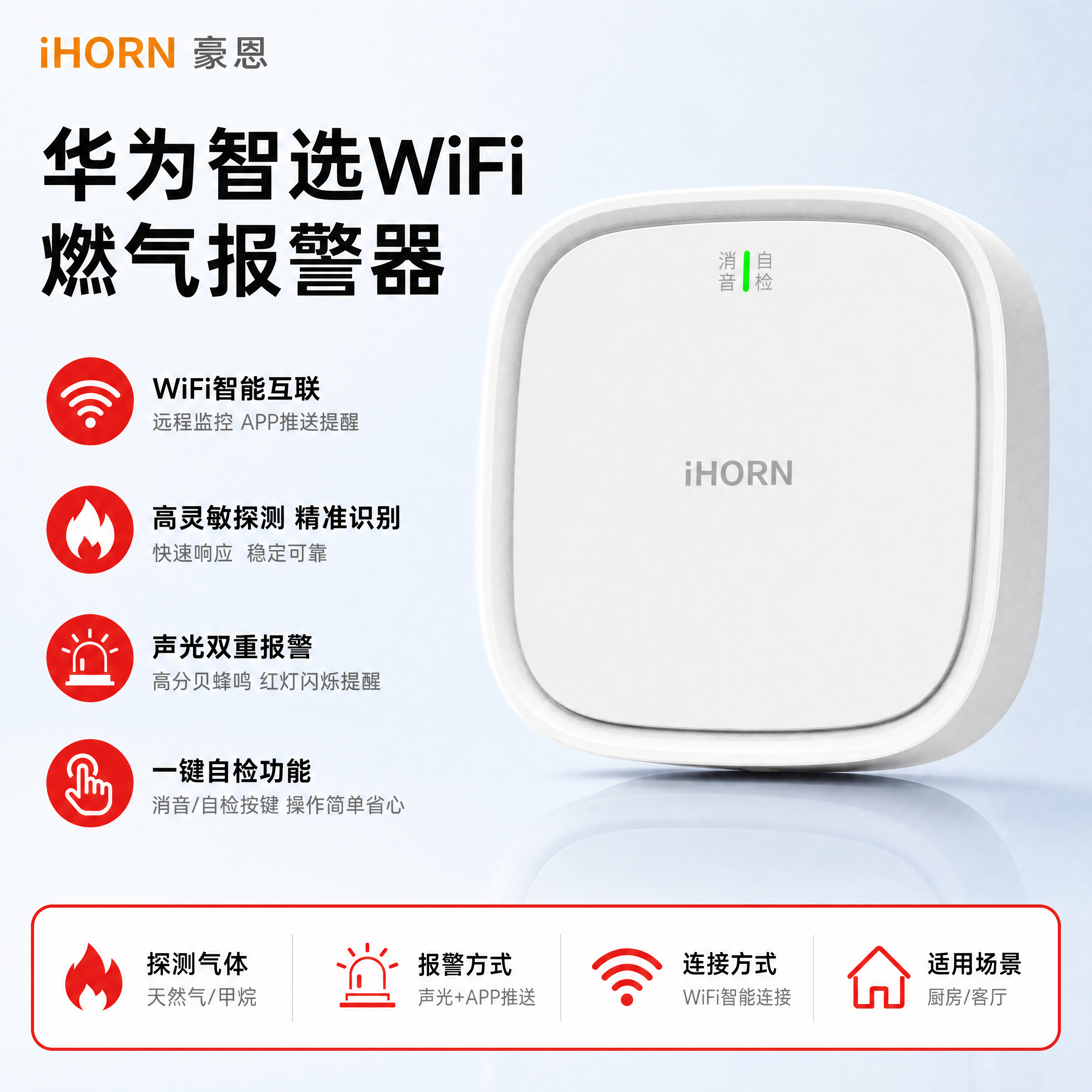 电商主图，华为智选WiFi燃气报警器产品主图，1:1正方形，4… - 图片创意预览