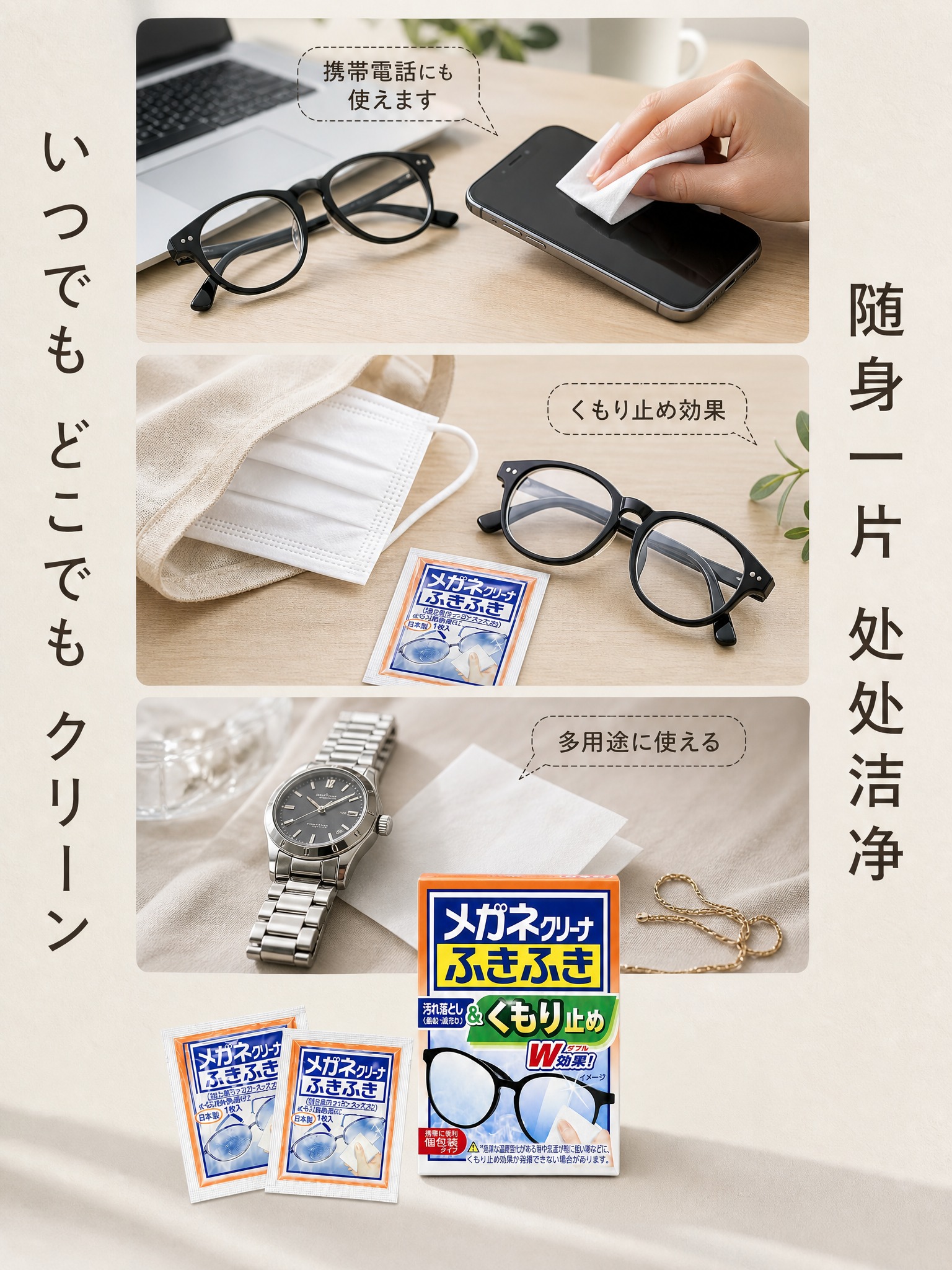 3:4竖版电商主图，日本小林制药眼镜清洁湿巾，主图4 多场景使… - 图片创意预览