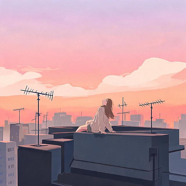 现代扁平风数字插画，青春治愈系画风。黄昏日落时分的城市天台场景，一个身着浅色外套的少女坐在屋顶边缘，双腿自然垂下，双手向后撑住屋顶表面，抬头仰望粉橙渐变的天空，姿态松弛悠然。周围错落竖立着多根老式电视天线杆，远处是低矮城市建筑的朦胧剪影。天空从顶部的淡紫粉调向下渐变为温暖的橙红色，云层柔和轻薄。整体色调暖柔治愈，低饱和度渐变色彩，色块分明，带有怀旧青春氛围感，画面干净简洁，无任何文字，正方形构图