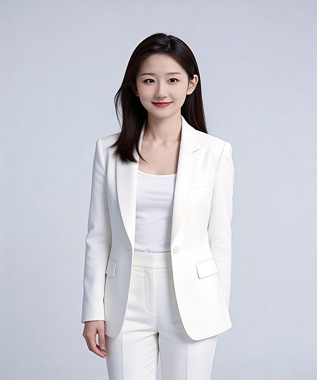 参考图中保留人物脸型、发型、年龄等特征生成职场形象照,标准焦段50mm,f/4光圈,平视视角,人物占画面合适比例,人物居中,位于画面中心,为视觉聚焦点,全身照,展现人物完整站直身形;头部与画面顶部保留合理空间;头部发型完整,头身比例协调,人物结构准确;身穿白色精纺羊毛混纺西装外套,平驳领设计,面料呈细腻微微哑光质感;内搭白色高支精梳棉内搭;下装白色精纺羊毛混纺西裤;着装正式干练;专业优雅;身形匀称,姿态端正,身体挺拔。呈自然站直站姿，左手轻垂身侧，肢体放松且自信;发梢微微修整,干练大气,主体锐利,背景光线均匀柔和,强化色彩对比的高级感。浅灰色纯色背景,呈现均匀柔和质感,极简干净;画质32k、超高分辨率、细节清晰,现代精致感风格;肤质精细化处理;眼神直视镜头,目光坚定且澄澈,表情自然。嘴角上扬;肌肤白皙透亮,柔光提亮,细腻无瑕,通透高级干净清透肤质,肤色均匀,柔光美白细腻陶瓷肌肤,自然提亮,光影柔和通透水光肌,肤质细腻平滑干净哑光肤质,无油光无暗沉,肤色均匀提亮;杰作,最佳画质,超高细节,写实摄影,全身人像,面部清晰,五官精致,皮肤细腻通透,白皙清透皮肤,干净肤色,健康肤色,无蜡黄,无暗沉,无黄皮,柔光,正面补光,面部光线均匀明亮,无浓重阴影,冷色调白平衡,画面干净清新,色调明亮,对焦清晰,肤质细腻,高清皮肤细节;面部光比1:1.5,4800K中性光,微微修饰脸型,肤质哑光细腻,面部雾面柔光,轻透裸肌感,真实毛孔纹理;分辨率4K,去除人物之外的所有多余元素。严格按照参考图人物面部特征生成。