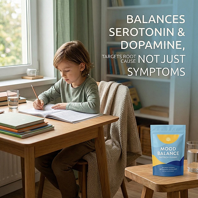 Recreate this scene main image, replace the product bottle with the product packaging bag from https://gd-ai-fts.dancf.com/35977607587419259/transfer/ec46453356fc4cdf9cae9e58a05166e2199753.jpg (must keep the original bag's appearance 100% consistent), keep the scene: child focusing on doing homework at the wooden desk by the window, warm natural home atmosphere. Keep the core text: "BALANCES SEROTONIN & DOPAMINE, TARGETS ROOT CAUSE NOT JUST SYMPTOMS", adjust the overall main tone to light blue, match the product packaging color, keep advanced design, all text in English, 1:1 ratio, 2k resolution