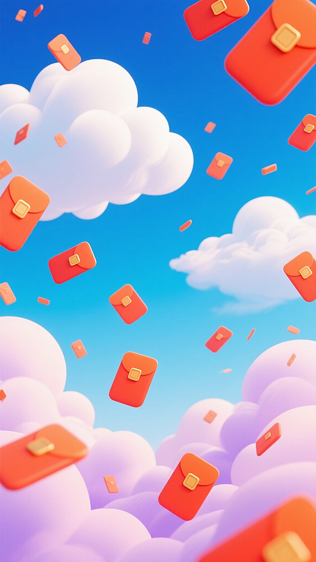 电商背景，明亮欢快的插画风格，广阔的渐变蓝天空中漂浮着蓬松的白色云朵，下方是柔和的粉紫色云层，大量橙红色的红包从空中飘落，红包带有金色的方形装饰，整体画面轻盈灵动，色彩清新明快，营造出喜庆热闹的氛围，适合电商促销活动使用，视觉层次分明，信息传达高效，无文字元素。