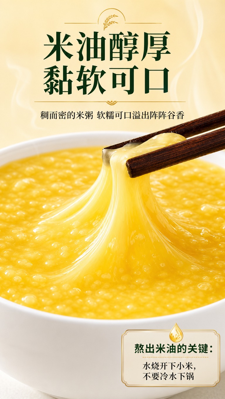 [商品] 使用【图3】小米粥筷挑米油特写图；保留小米粥金黄浓稠… - 图片创意预览