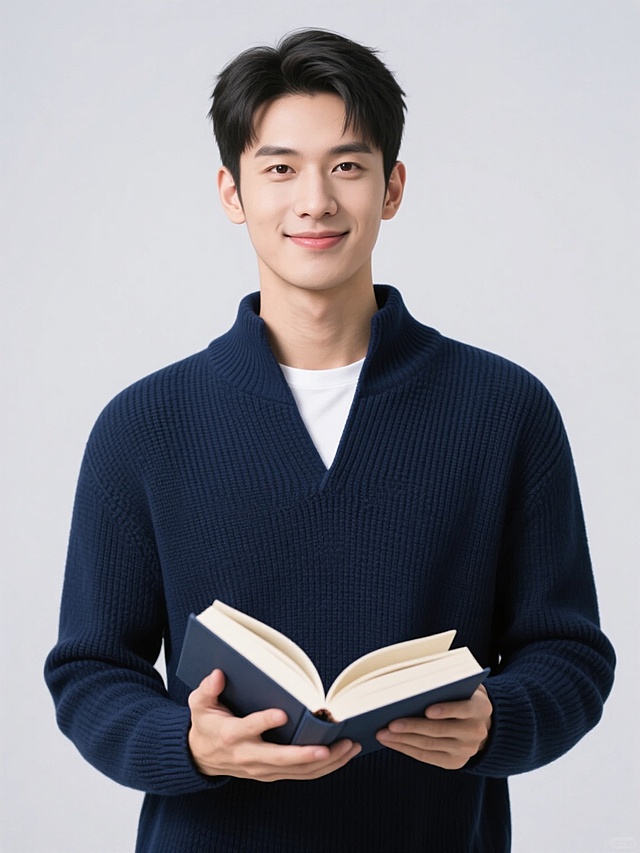 一位年轻男性，面容俊朗，眼神温和，嘴角带着浅浅的微笑，身穿深蓝色立领针织衫，内搭白色T恤，双手捧着一本打开的硬壳书，站姿挺拔，背景为纯浅灰色，整体画面采用高清写实风格，光线柔和均匀，人物主体清晰突出，服装材质细节丰富，色调简洁明快，营造出一种儒雅、知性的氛围。