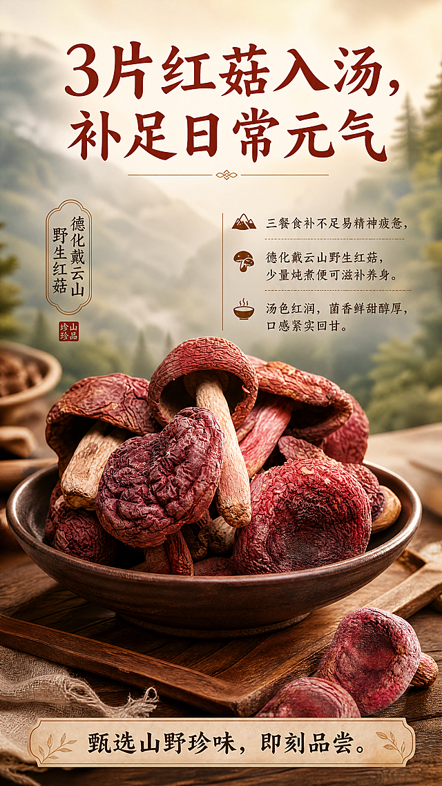 制作一张野生红菇滋补养生产品宣传海报，要求清晰展示德化戴云山野生红菇，将主标题“3片红菇入汤，补足日常元气”放在顶部视觉中心，正文“三餐食补不足易精神疲惫，德化戴云山野生红菇，少量炖煮便可滋补养身。汤色红润，菌香鲜甜醇厚，口感紧实回甘。”放在中部，收尾语“甄选山野珍味，即刻品尝。”放在底部。排版遵循对齐对比分组设计原则，主题突出，采用自然清新养生风格，整体色调贴合红菇的红润质感，背景为简洁质朴的暖调山野氛围。使用图片中的红菇作为产品主体