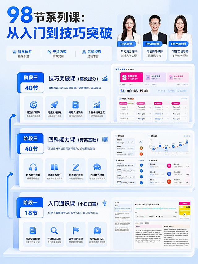 雅思课程体系展示图，尺寸比例3:4，蓝白配色浅蓝色网格背景，阶梯式排版，文案标题“98节系列课：从入门到技巧突破”，使用三位老师头像及课程卡片素材，分阶段列出文案：“阶段一：18节 入门通识课（小白扫盲）；阶段二：40节 四科能力课（夯实基础）；阶段三：40节 技巧突破课（高效提分）”，体现学习递进关系，保持清爽干货风格