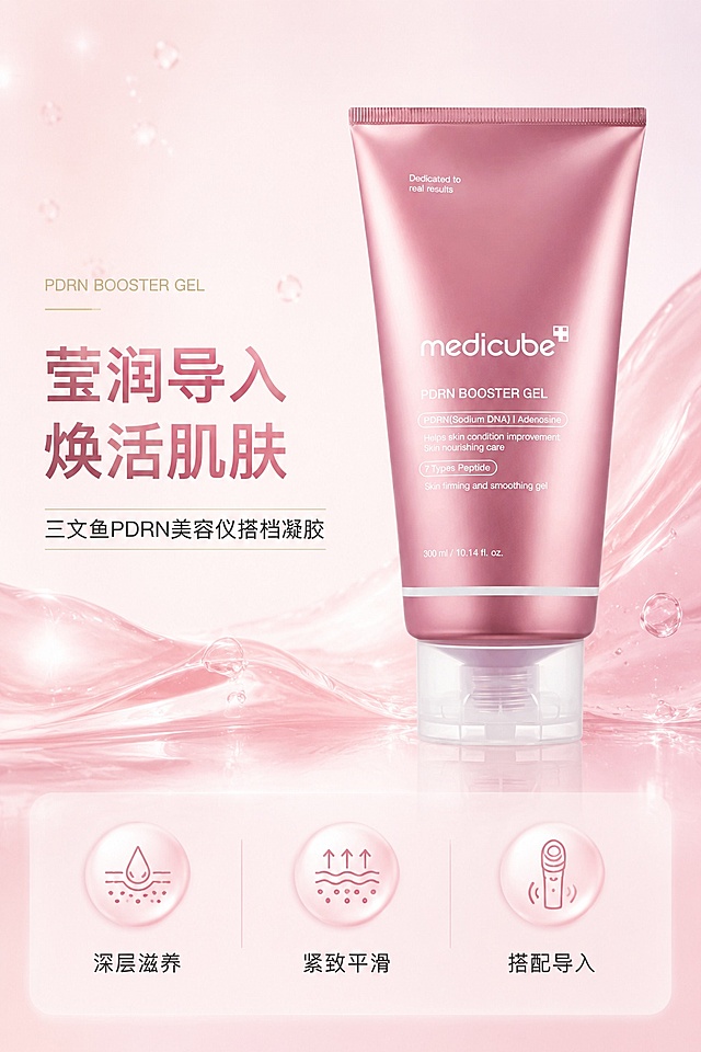[第1屏] 详情页头图-medicube三文鱼PDRN美容仪导入凝胶产品宣传海报。本屏使用【图1】作为商品主体。
[氛围/风格] 简约高级医美护肤风，柔和清透，干净商业摄影质感，提升产品高级感
[元素布局] 产品主体放置在画面右侧居中位置，占比约65%；左侧预留主副标题区域；背景添加淡粉渐变水润质感，搭配微小水光气泡元素点缀；保持产品包装结构、材质、颜色与输入产品图完全一致，突出产品包装的粉金质感。
[光影质感] 左侧柔光主照明，右侧自然柔和阴影，产品包装保留清晰高光，整体通透干净。
[配色色系] 全局底色 #faf5f8；主色柔粉色；辅助色浅香槟金、白色文字。
[视角构图] 正面平视，产品为绝对视觉中心，阅读动线左侧标题 → 右侧产品 → 底部信息区。
[文字版式] 版式为左侧标题 + 右侧产品 + 底部信息条。主标题「莹润导入 焕活肌肤」，副标题「三文鱼PDRN美容仪搭档凝胶」，左对齐排版，主标题加粗加大；底部搭配三个核心卖点小圆标：「深层滋养」「紧致平滑」「搭配导入」，文字不遮挡产品主体。
[比例分辨率] 9:16 竖版比例，4K 分辨率，文字清晰可辨，高清画质。
[负向提示词] 产品变形，缺件错件，颜色偏差，包装文字错乱，水印，文字过小，背景杂乱