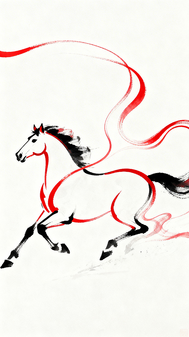 水墨风骏马奔腾，红黑双色描边勾勒国潮韵味，融合中式古典与民族灵动之美。