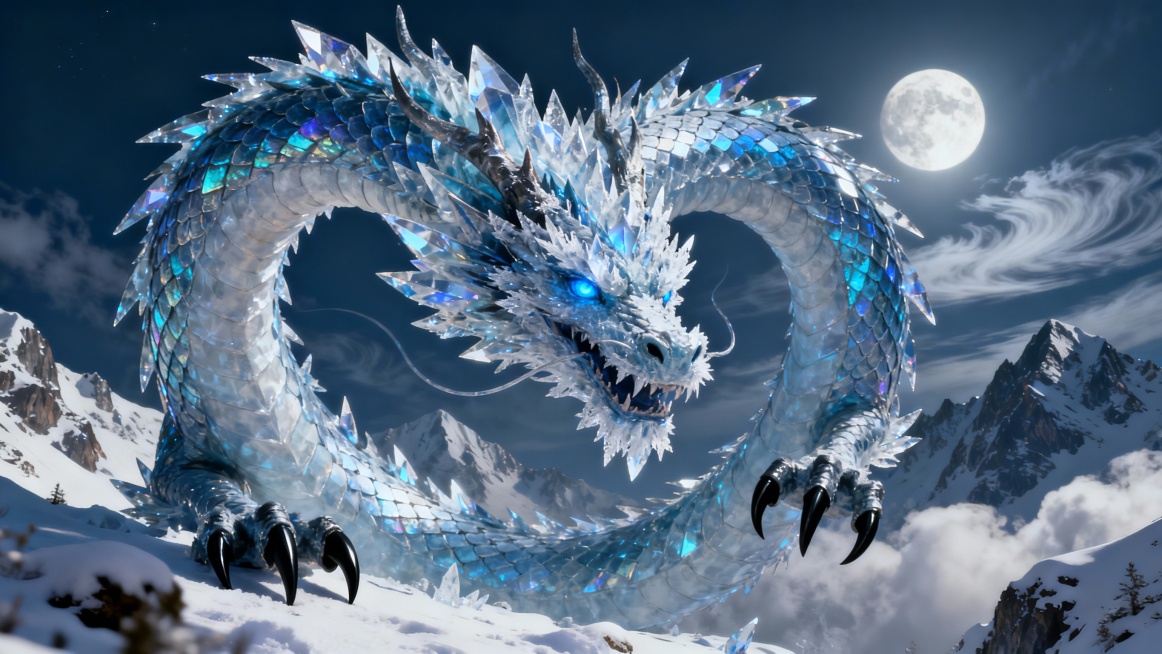 majestic ice dragon, crystalline ice scales with sharp jagged edges, iridescent blue and white hues,预览效果