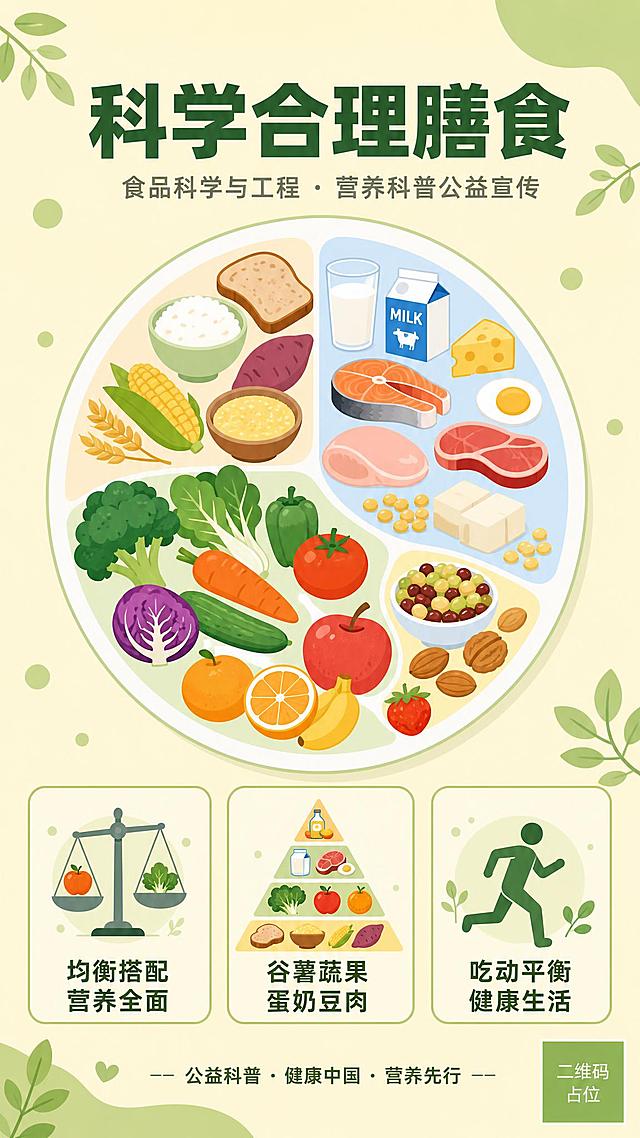 公益食品营养科普竖版海报，主题科学合理膳食，食品科学与工程科普。清爽简约矢量扁平插画风格，大量留白，可读性强，健康治愈氛围。

【配色】柔和奶黄色 + 浅绿色干净配色，整体色调温暖清新，低饱和度，舒适护眼。

【构图】均衡分割构图，画面清晰拆解膳食知识点，上下分区布局，层级分明。顶部为主题大标题区，中部为视觉焦点——餐盘食物扁平化插画，底部为三个知识点卡片横向均衡排列。四周留足安全边距，排版精美。

【视觉焦点】画面中央偏上位置是一个圆形餐盘的扁平化插画，餐盘内均衡分布着各类食物的简约矢量插画：谷物（米饭、面包）、蔬菜水果（西兰花、胡萝卜、苹果、番茄）、蛋奶肉（鸡蛋、牛奶、鱼肉、鸡胸肉）、豆类坚果，用不同颜色区分食物类别，呈现中国居民平衡膳食的直观示意。餐盘插画简洁可爱，色块分明，无复杂阴影。

【文字内容】画面中必须完整呈现以下文字信息：
- 主标题（顶部大字号粗体，深绿色）："科学合理膳食"
- 副标题（主标题下方，稍小字号，灰绿色）："食品科学与工程 · 营养科普公益宣传"
- 底部三个均衡分布的知识点卡片，每个卡片配一个小图标和简短文字：
  卡片1：图标为天平，文字"均衡搭配 营养全面"
  卡片2：图标为食物金字塔，文字"谷薯蔬果 蛋奶豆肉"
  卡片3：图标为运动人形，文字"吃动平衡 健康生活"
- 最底部小字标签："公益科普 · 健康中国 · 营养先行"

【风格细节】全部为扁平化矢量插画风格，线条简洁，色块平整，无渐变和复杂纹理。背景为奶黄色纯色，点缀少量浅绿色圆形和叶片装饰元素，分布在画面边角，不干扰主体。整体感觉清爽、干净、专业、温暖，适合公益科普宣传。

【约束】画面中所有信息区域、知识点卡片必须填充完整合理的内容，不得出现空白框、空白占位或待填写区域。所有文字清晰可读，字号适合阅读。画面中所有二维码区域使用纯色方块占位符呈现，方块中央标注"二维码占位"文字，严禁生成任何可识别的二维码图案。