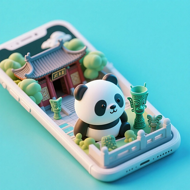 软3D风格的微缩艺术场景，熊猫萌趣坐于手机屏中，中式古建筑与青铜器环绕，融合可爱感与卡通感，呈现科技与传统文化的趣味碰撞。