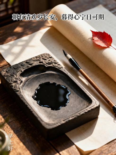 ### **1. 晨间财喜**
**祝福语：** 晨光熹微照福来，财喜盈门笑颜开（位于画面左侧，从上到下竖排书法体）
**提示词：**
中式早餐静物摄影，深色木桌上摆放一套青花瓷盖碗茶具，碗盖斜置，热预览效果