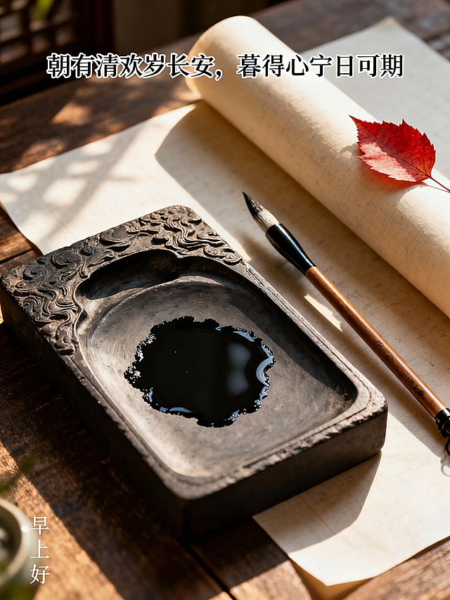 ### **1. 晨间财喜**
**祝福语：** 晨光熹微照福来，财喜盈门笑颜开（位于画面左侧，从上到下竖排书法体）
**提示词：**
中式早餐静物摄影，深色木桌上摆放一套青花瓷盖碗茶具，碗盖斜置，热气微升。旁边有一小碟金元宝造型糕点。柔和的晨光从右侧射入，在桌面投下温暖光影。照片级质感，浅景深。在画面左侧空白处，从上到下竖排书写15字祝福语。画面右下角茶具旁，有雅致小字“早安”。画幅比例3：4

### **2. 朝安暮宁**
**祝福语：** 朝有清欢岁长安，暮得心宁日可期（位于画面顶部，横排端庄楷体）
**提示词：**
禅意中式静物，一方古砚旁置毛笔一支，砚台中墨迹未干。旁边摊开一卷宣纸，纸上有一枚红叶。清晨柔光斜照，营造宁静雅致氛围。细节丰富，纹理清晰。画面顶部居中横排书写17字祝福语，采用端庄楷体。画面左下角砚台旁，有细小字样“早上好”。画幅比例3：4

### **3. 福伴晨光**
**祝福语：** 晨起福星常高照，吉时祥瑞总相伴（环绕主体物成弧形排列）
**提示词：**
吉祥主题静物，红色锦囊与古钱币置于朱红漆盘之上，旁有如意纹香囊一个。温暖晨光从左上角洒下，凸显物体质感。色彩以红金为主，喜庆祥和。18字祝福语以弧形排列在漆盘周围。画面右上角光线明亮处，有金色小字“早安”。画幅比例1：1

### **4. 良辰启新**
**祝福语：** 良辰美景今朝启，清风明月伴新程（位于画面右侧，分两列竖排）
**提示词：**
新中式极简构图，透明玻璃瓶插单枝含苞白梅，置于灰白色大理石台面。冷色调晨光营造纯净清雅氛围。背景虚化，突出花枝线条美感。16字祝福语在画面右侧分两列竖排书写。画面左下角瓶底旁，有浅灰色“早上好”字样。画幅比例1：1

### **5. 祥瑞晨安**
**祝福语：** 祥云缭绕家宅旺，瑞气充盈晨安好（作为背景水印，重复隐约出现）
**提示词：**
传统吉祥静物，翡翠白菜雕件（或白菜造型摆件）与一对小葫芦置于深蓝绸布上。侧光照明，突出雕刻细节。背景为米色宣纸纹理，上面隐约重复浮现18字祝福语水印。画面正下方白菜雕件前，有清晰黑色“早安”字样。画幅比例3：4

### **6. 朝食纳吉**
**祝福语：** 朝食五谷纳千祥，暮饮清茶收百福（位于画面底部，居中对齐）
**提示词：**
温馨早餐场景，竹制蒸笼揭开，内盛晶莹虾饺三只。旁有青瓷醋碟与竹筷。清晨暖光营造食欲与温馨感。食物细节逼真，蒸汽微现。20字祝福语在画面底部居中横排。蒸笼盖上贴有红色小笺，上书“早上好”。画幅比例3：4
### **7. 晨光如愿**
**祝福语：** 晨光所及皆如愿，步履所至俱坦途（位于画面左上至右下的对角线上）
**提示词：**
概念化构图，一束晨光透过窗格，在地面投出清晰光影。光斑中有一枚天然水晶簇。背景简洁，突出光线质感。氛围充满希望与能量。17字祝福语沿着从左上到右下的对角线方向排列。在主要光斑中心，有细微的“早安”字样融入光影纹理。画幅比例1：1

### **8. 日日祯祥**
**祝福语：** 日日常安有祯祥，岁岁清平无烦忧（位于画面四周边缘作为边框装饰）
**提示词：**
典雅中式书桌静物，摊开的线装古籍上压着镇纸，旁有燃尽的香插。柔和均匀的晨间天光。色调古朴雅致。18字祝福语作为装饰性文字边框，围绕画面四周边缘。在翻开书页的空白处，有手写体“早上好”。画幅比例1：1

### **9. 朝沐清风**
**祝福语：** 朝沐清风精神爽，夜观星月梦香甜（位于画面中央，围绕圆形主体排列）
**提示词：**
极简禅意画面，圆形浅口白瓷皿盛清水，水面浮一朵莲花（或莲叶）。背景纯白，光线均匀柔和。意境空灵洁净。19字祝福语以圆形排列方式环绕在白瓷皿周围。在水面倒影中，隐约可见“早安”二字。画幅比例3：4

### **10. 晨启鸿运**
**祝福语：** 晨起推窗迎鸿运，夜来闭户接福星（位于画面背景墙上，仿挂幅形式）
**提示词：**
生活化场景，中式窗棂前小桌，桌上紫砂壶还冒着热气。窗外可见朦胧竹影。晨光透过窗格形成美丽光影。氛围宁静闲适。18字祝福语以仿书法挂幅形式出现在背景墙上。在窗棂的光影中，投射出“早上好”的阴影字样。画幅比例1：1           根据以上提示图，生成对应10张祝福图