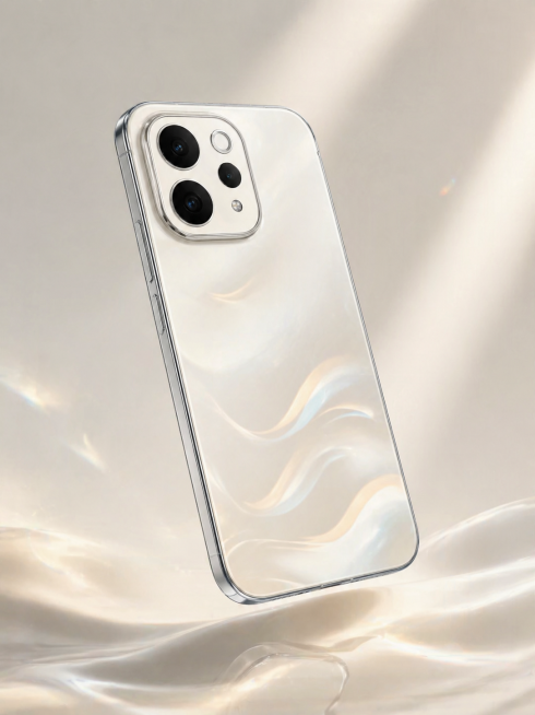 重新生成一张竖版3:4比例的手机产品宣传海报，去掉包装盒和周边键盘，只保留渐变色壳手机，换一个不同的简约高级背景，突出手机的渐变纹理和质感，分辨率2K预览效果