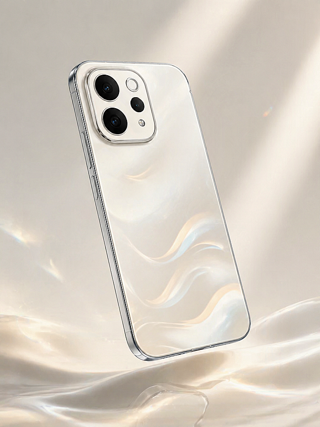 重新生成一张竖版3:4比例的手机产品宣传海报，去掉包装盒和周边键盘，只保留渐变色壳手机，换一个不同的简约高级背景，突出手机的渐变纹理和质感，分辨率2K