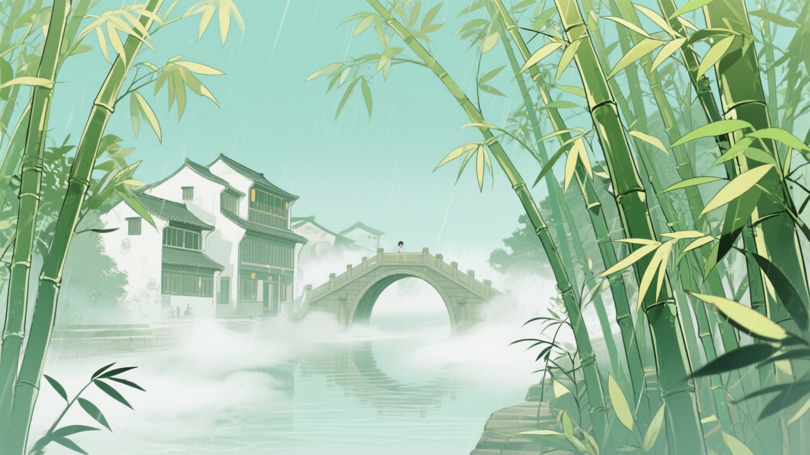 二次元古风，古城，江南烟雨，河边，，桥上，迷雾，竹子，构图夸张，浅绿色，细节丰富，不要人物，生成2张，16:9预览效果