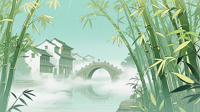 二次元古风，古城，江南烟雨，河边，，桥上，迷雾，竹子，构图夸张，浅绿色，细节丰富，不要人物，生成2张，16:9
