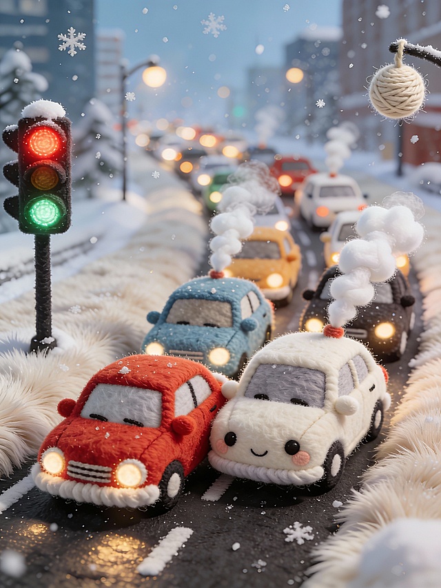 冬日繁忙的城市交通堵塞场景，整体呈现毛绒质感。柏油路是厚厚的长毛地毯，所有车辆变成可爱的、边缘柔软的毛绒车，它们轻轻地互相碰撞。红绿灯是发光的毛线球，尾气是喷出的白色填充棉。天空飘着柔软的雪花，画面治愈、清新、迷人，拥挤但舒适，温暖的路灯光线在毛皮质感的物体上反射。