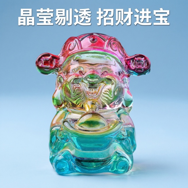 彩色大财神水晶摆件点击率主图，彩色大财神水晶摆件主体居中，占画面60%以上，背景为干净简洁的浅蓝色，柔和光线打在摆件上凸显水晶通透质感。画面顶部悬浮文字“晶莹剔透 招财进宝”，字体为粗体无衬线白色，文预览效果