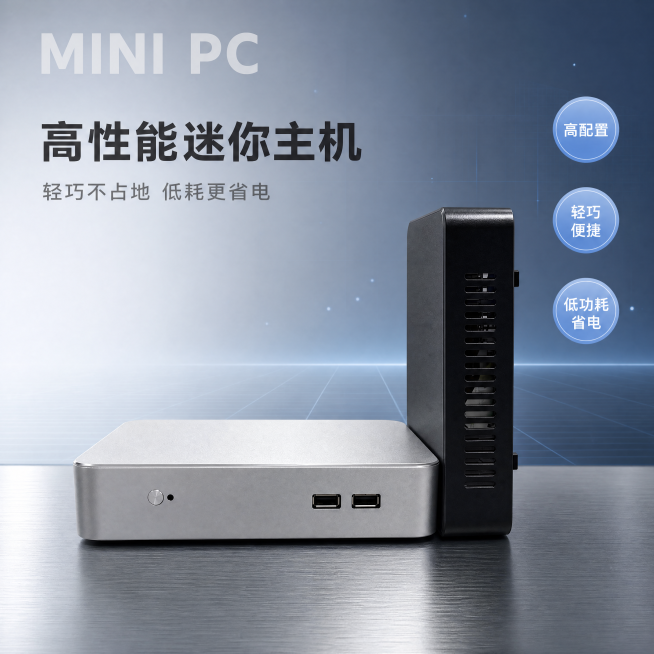 [单张主图] 迷你主机，双主体展示，高级氛围感高科技风格主图，目标突出产品小巧高配置特性。
[画面主体] 两个同款式迷你主机，白色款保持原产品外观（物理结构、材质质感、颜色）与输入图https://0预览效果