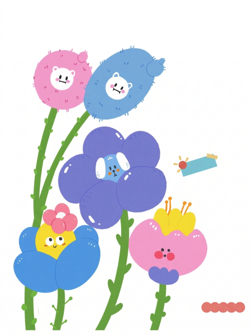 保留原图插画内容，去除图中所有文字，保留原图配色和风格，只保留花卉和卡通形象，背景保持白色，不要改变原有构图和元素位置预览效果