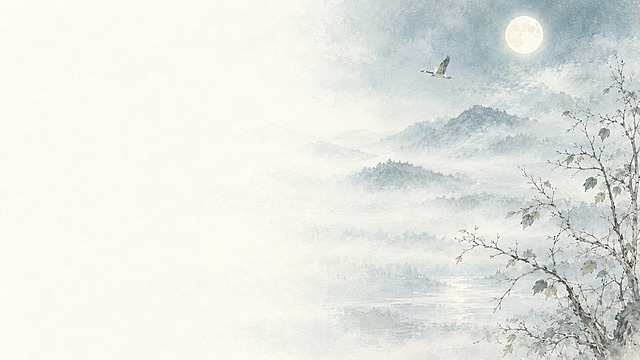 参考图的古风水彩淡彩画风，绘制《卜算子·黄州定慧院寓居作》主题的月夜孤鸿景色，画面左侧大量留白，右侧为清冷月夜景致，疏枝梧桐，一轮明月高悬夜空，一只孤鸿翩飞于清冷月色中，远处淡墨山峦隐约，雾气朦胧，构图简洁空灵，留白充足，无任何文字，中国传统水墨淡彩风格，色调清冷淡雅，青灰冷色调为主，孤寂悠远的意境，温润柔和的月光光影