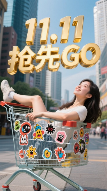 照片风格。文字“11.11抢先GO”为金色描边立体字。一位躺在购物车的女生，购物车上贴着一些怪诞潮流的贴纸，背景是白天的城市。没有任何其他文字和图标预览效果
