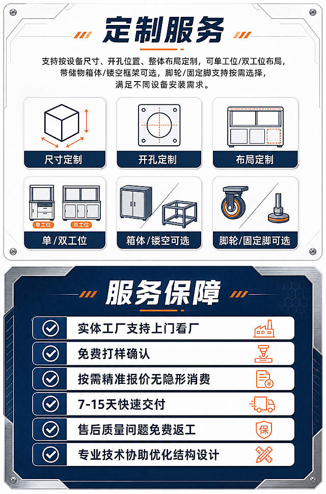 淘宝详情页定制服务板块，上半部分定制说明：支持按设备尺寸、开孔位置、整体布局定制，可单工位/双工位布局，带储物箱体/镂空框架可选，脚轮/固定脚支持按需选择，满足不同设备安装需求。下半部分服务保障：✅ 实体工厂支持上门看厂 ✅ 免费打样确认 ✅ 按需精准报价无隐形消费 ✅ 7-15天快速交付 ✅ 售后质量问题免费返工 ✅ 专业技术协助优化结构设计。清晰专业排版，工业电商风格，一目了然。