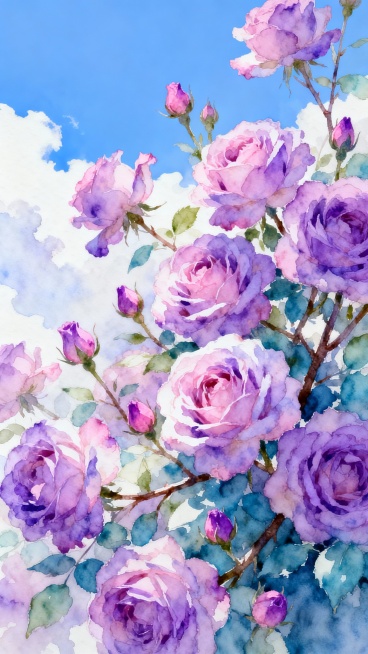 梦幻水彩风格的粉紫色玫瑰花丛，大量盛开的柔和粉紫色玫瑰，层层叠叠的花瓣边缘带有朦胧的水彩晕染效果，点缀着娇嫩的粉紫色玫瑰花苞，枝干交错，翠绿的叶片呈现柔和的蓝绿色调，背景是纯净的蓝天和轻盈的白云，整体色调为清新的粉紫色系，光影柔和梦幻，营造出浪漫唯美的氛围，细腻的水彩笔触质感，丰富的层次感，高饱和度，8K高清画质。预览效果