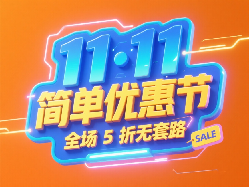 蓝色3D赛博朋克风，“11·11 简单优惠节”+黄色“全场5折无套路”，“SALE”标签装饰文字，双层字效结构，荧光橙干净背景。预览效果
