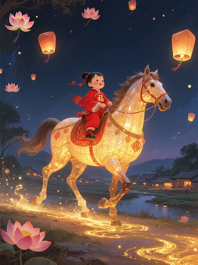 空中穿红衣传统服饰的福娃骑着马造型的巨型花灯，在乡村田野上空踏光而行，马灯每踏出一步都会点亮金色光纹。背景是宁静的乡村夜景，远处村庄灯火点点，空中漂浮着荷花灯与孔明灯，整体呈现温馨质朴的新年氛围。