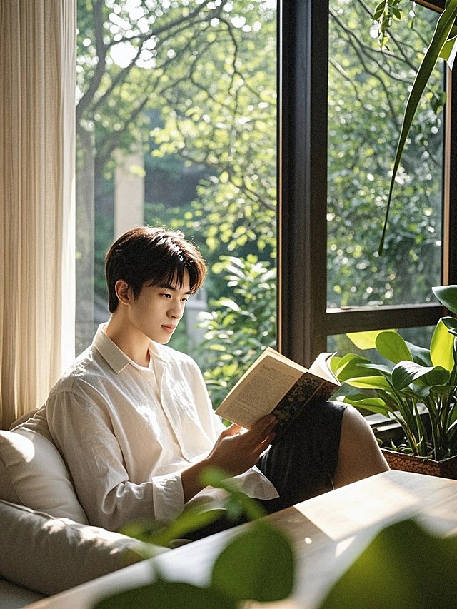 阳光大男生，夏天，在房间里看书，阳光从窗户透进来，窗外是绿树，文艺，侧面照