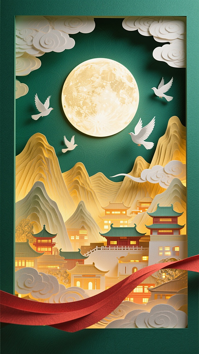 中式剪纸风插画，古典建筑与明月相映，梦幻光影营造中秋佳节氛围。