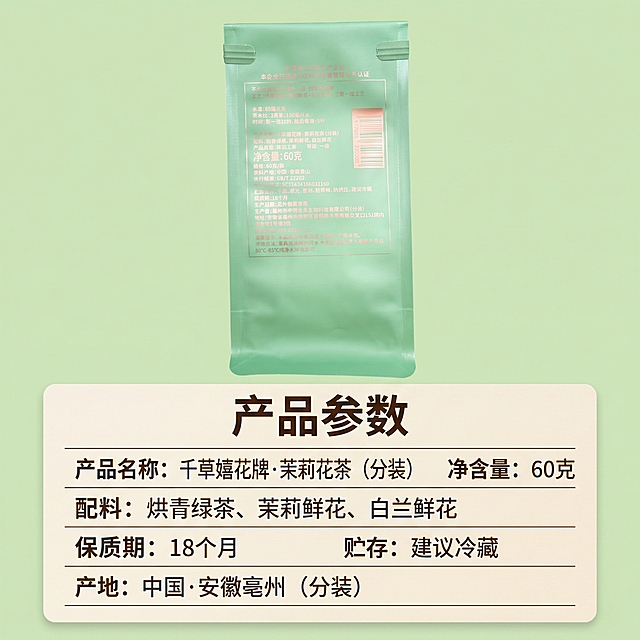 [主图 4] 茉莉花茶产品参数展示图；[氛围风格]清晰规整，专业简洁；[画质]商业摄影质感、光线柔和通透、产品清晰真实、画面干净高级；[元素]茉莉花茶包装袋放置在画面上半部分，下半部分规整排列产品参数表格，背景淡绿色调，保持产品外观与输入产品图绝对一致，杜绝任何变形和色差；[光影]均匀布光，表格内容清晰可读，产品突出；[配色]主色调淡绿色，表格浅米色底，深棕色文字；[视角构图]上下分层构图，画面满铺无边框；[文字版式]标题“产品参数”大字体深棕色在表格上方，表格内容清晰排列：产品名称：千草嬉花牌·茉莉花茶（分装） 净含量：60克 配料：烘青绿茶、茉莉鲜花、白兰鲜花 保质期：18个月 贮存：建议冷藏 产地：中国·安徽亳州（分装），每行对齐，字色对比清晰，不遮挡产品主体；[比例分辨率]1:1比例，2k分辨率，文字清晰可辨，超高清；[负向提示词]变形，水印，文字错乱，产品图模糊，背景杂乱，颜色偏差，遮挡主体
